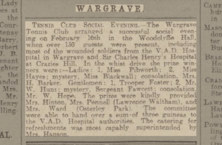 Wargrave Tennis Club Reading Mercury Saturday 26 February 1916